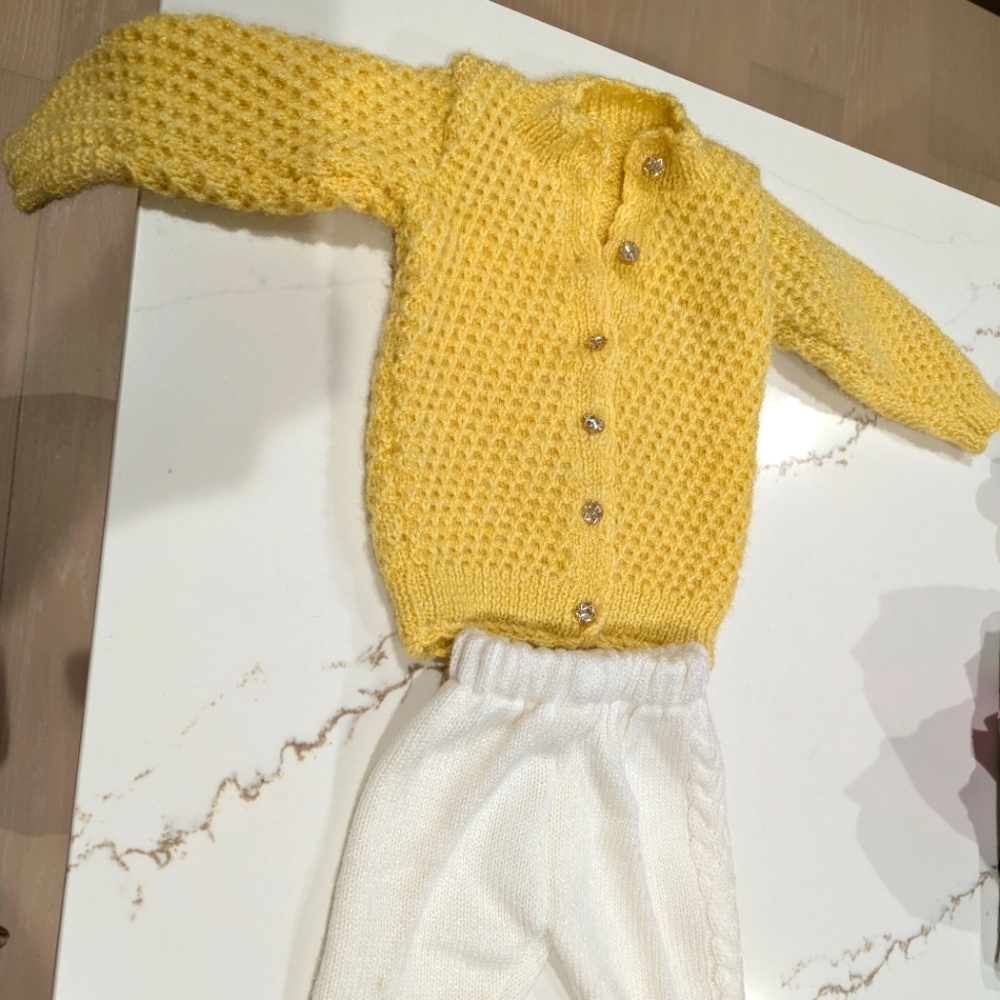 Baby Yellow Knit Cardigan and White Pants Set